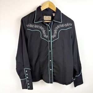 Scully Western Shirt Black Turquoise Trim Rhinestone Cross Pearl Snaps M
